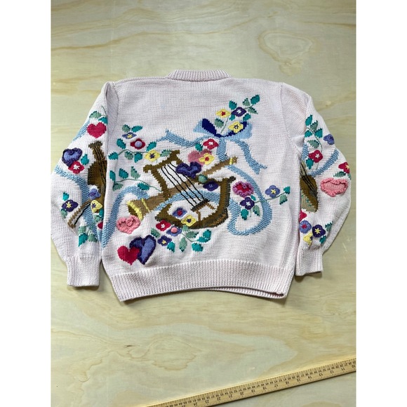 Berek Hand Knit Pink Cotton Sweater Musical Instruments Floral Hearts Size M - Picture 2 of 8